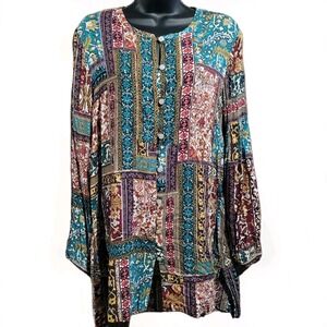 J Jill Floral Patchwork Print Tunic Size M High-Low Split Hem Button Front Boho